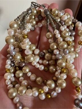 Baroque pearl cream brown four strand choker necklace 16 inches Vintage